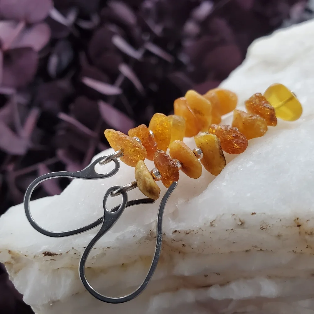 Genuine Nugget Amber Silver Earrings